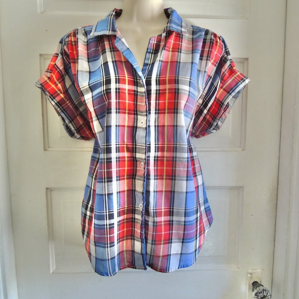 Vintage Haband For Her Red & Blue Plaid Dolman Shirt L
